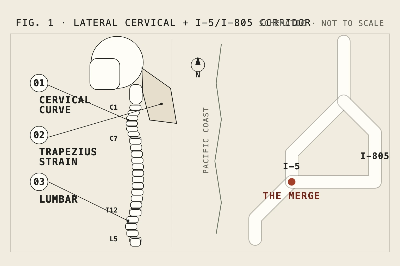 Technical diagram: geometric lateral-view neck and spine with numbered callouts for the cervical curve, trapezius strain and lumbar, beside a map-like ribbon of the I-5 and I-805 corridor with the merge marked in red